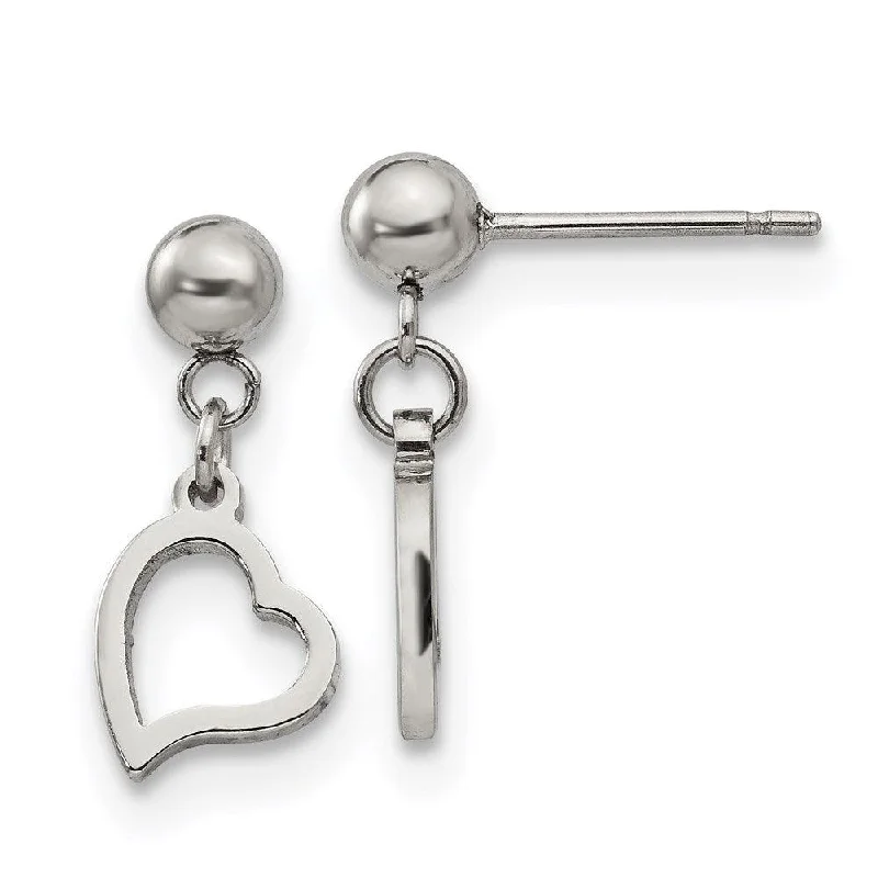 Silver Bead Earrings-Stainless Steel 5 mm Ball Post Heart Dangle Earrings