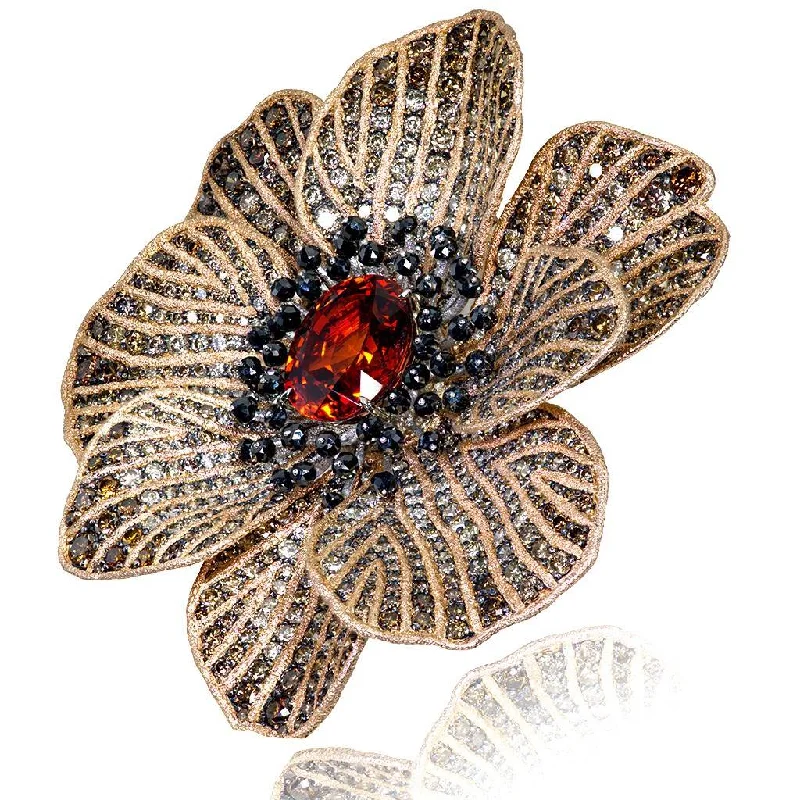 Fashionable Brooch with Vintage Appeal-Gold Coronaria Brooch with Mandarin Garnet & Diamonds