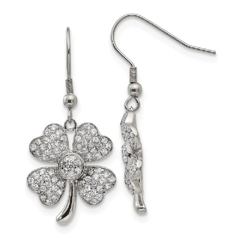 Designer Drop Earrings-Stainless Steel Polished 4-Leaf Clover w/CZ Shepherd Hook Earrings