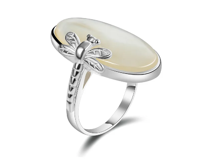 Pear-Shaped Diamond Rings-Oval Mother of Pearl Dragonfly Ring