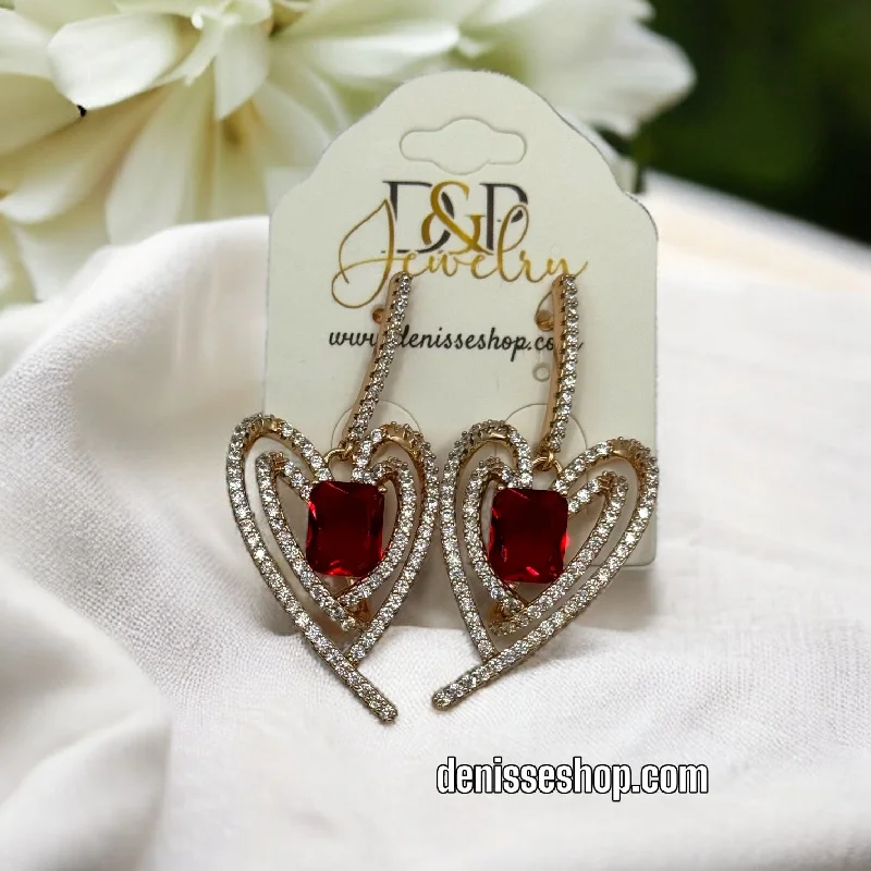 Gold Plated Dangle Earrings-18K HEART RED STONE EARRINGS E426