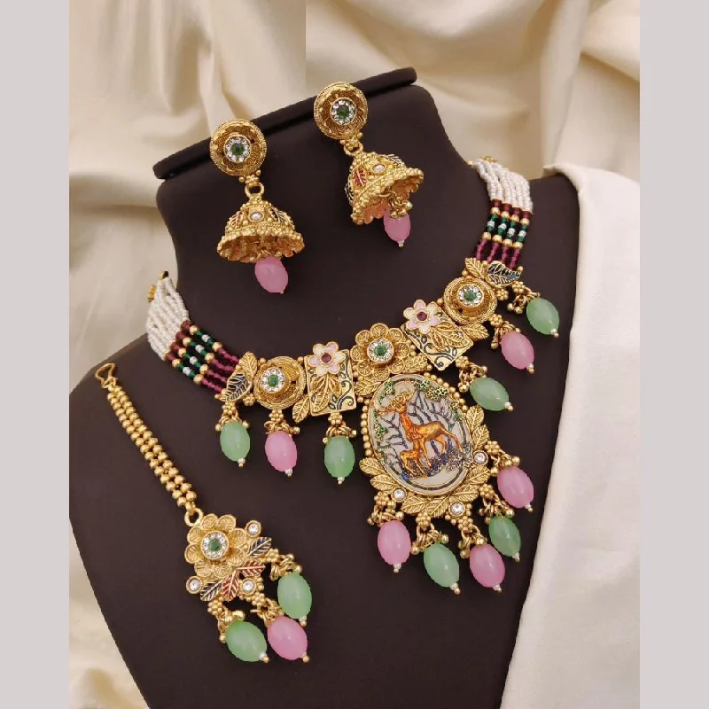 Colorful Beaded Necklaces-Neetu Art Gold Plated Pota Stone And Meenakari Pearls Necklace Set