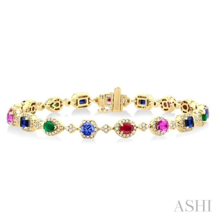 Stackable Bead Bracelets-4X3MM & 4MM Mixed Shape Gemstone Rainbow and 1 ctw Round Cut Diamond Halo Precious Tennis Bracelet in 14K Yellow Gold