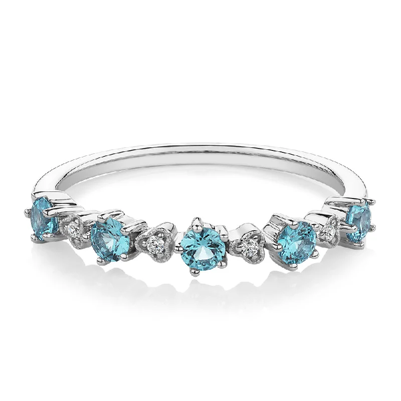 Personalized Vintage Rings-Wedding or eternity band with blue topaz and diamond simulants in 10 carat white gold