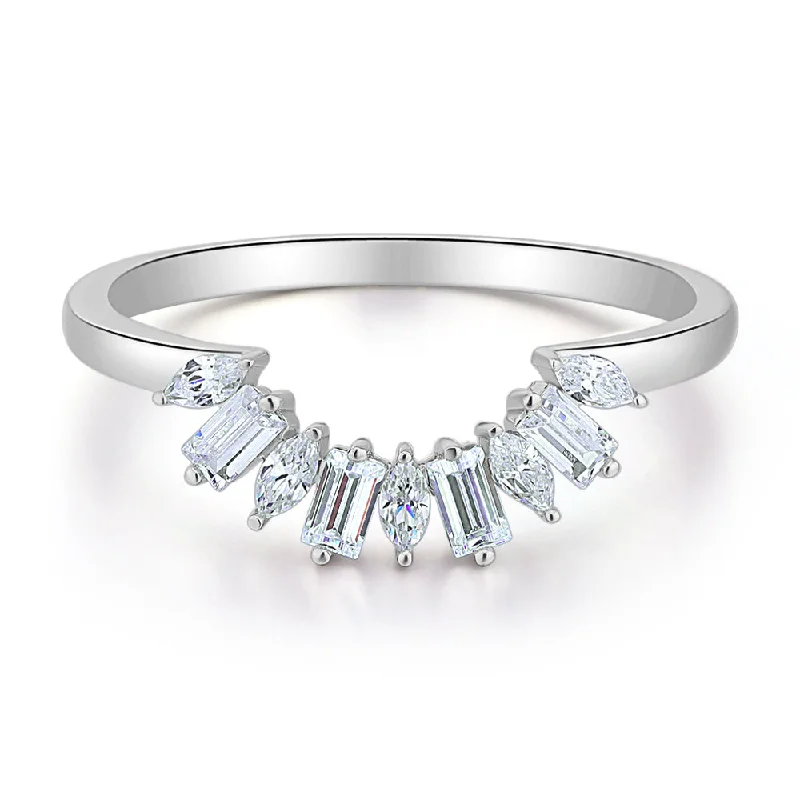 Handmade Gemstone Rings-Baguette curved wedding or eternity band with 0.45 carats* of diamond simulants in 10 carat white gold