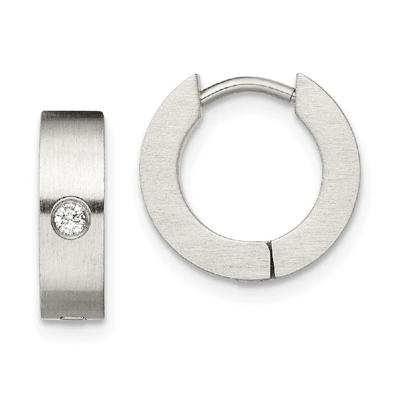 Bright Silver Earrings-Stainless Steel CZ Brushed Hinged Hoop Earrings