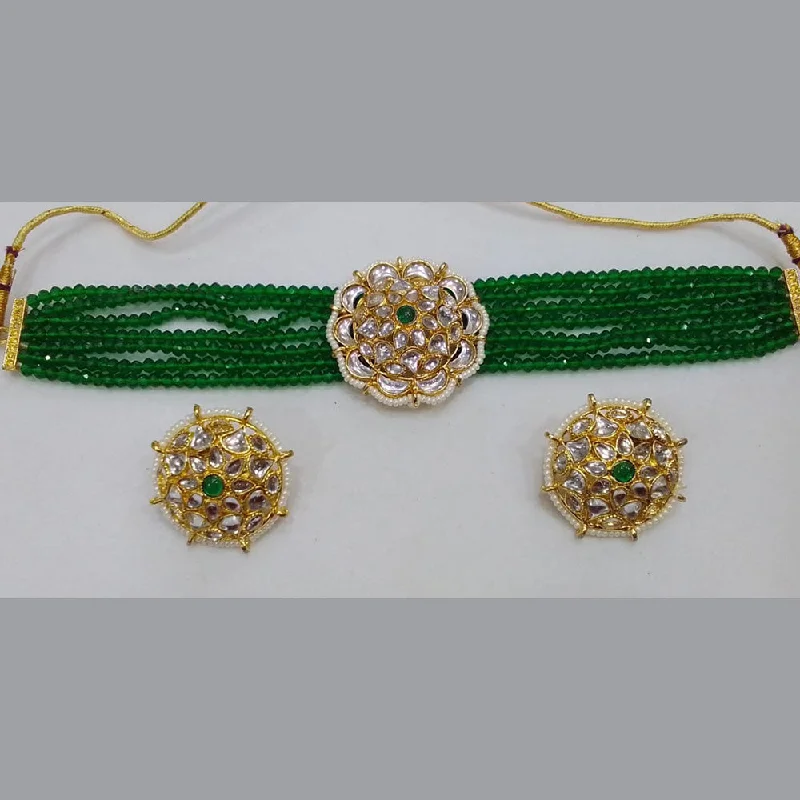 Elegant Wedding Necklaces-Midas Touch Gold Plated Kundan Stone And Beads Choker Necklace Set