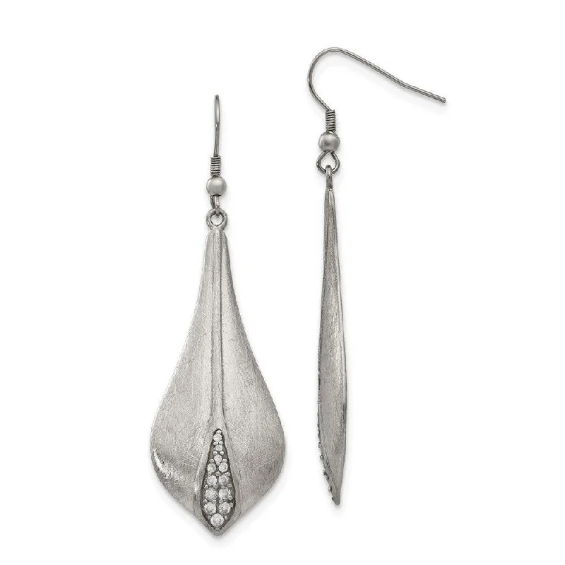 Bohemian Feather Earrings-Stainless Steel Polished/Brushed CZ Shepherd Hook Earrings