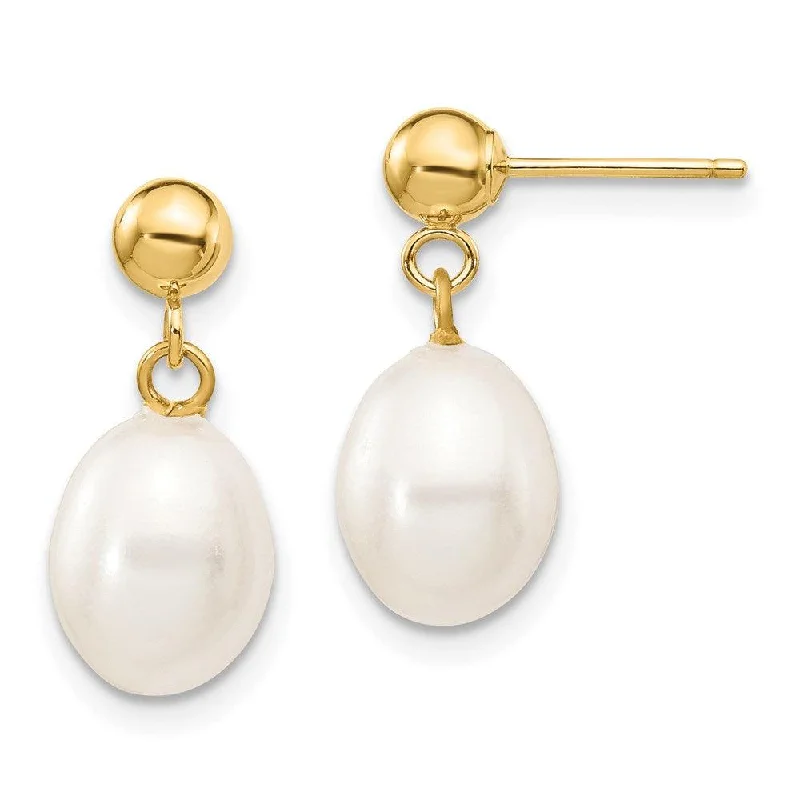 Sparkly Drop Earrings-14k 7-8mm White Rice Freshwater Cultured Pearl Dangle Post Earrings