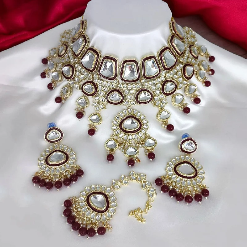 Bohemian Style Necklaces-Gehana Mahal Gold Plated Kundan Stone Choker Necklace Set