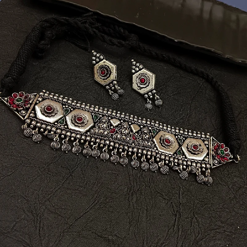 Chunky Statement Necklaces-Deep Jewell Oxidised Plated  Kundan Stone Choker Necklace Set