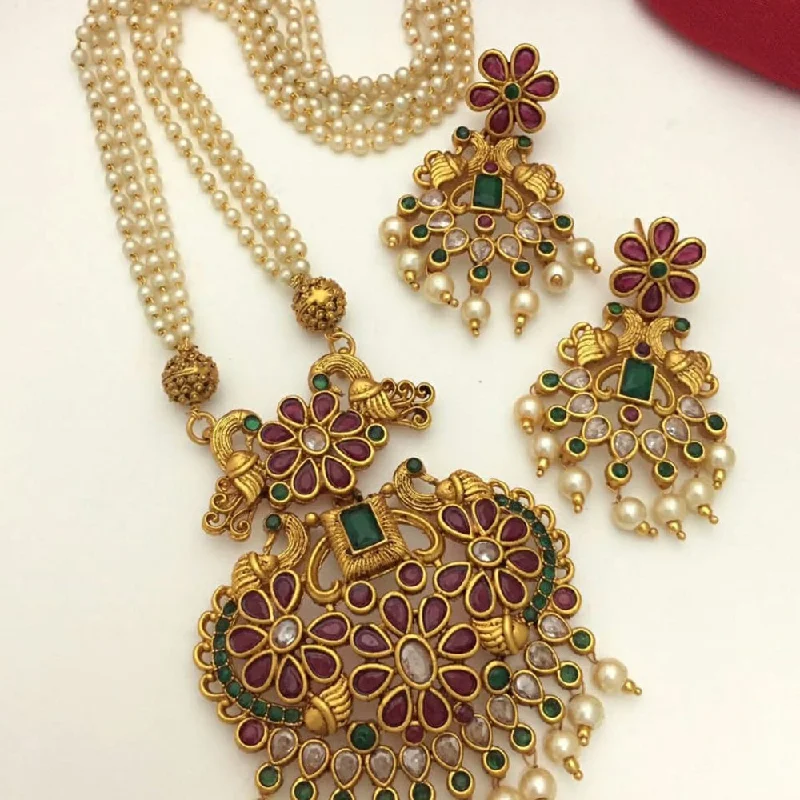 Vintage Necklace Sets-India Art Matte Finish Pota Stone Long Necklace Set