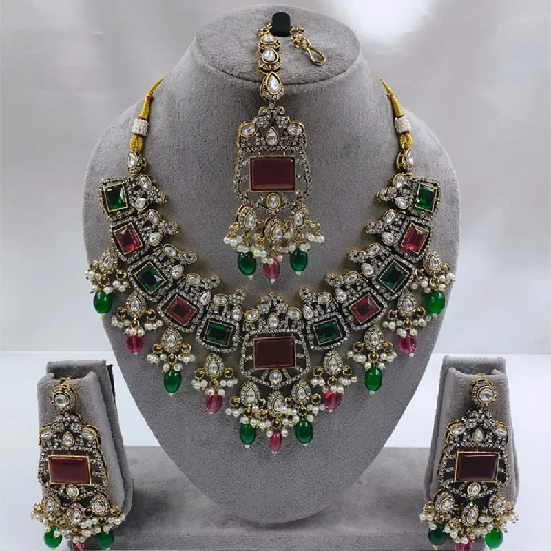 Long Diamond Necklaces-Akruti Collection Gold Plated Kundan Stone And Beads Necklace Set