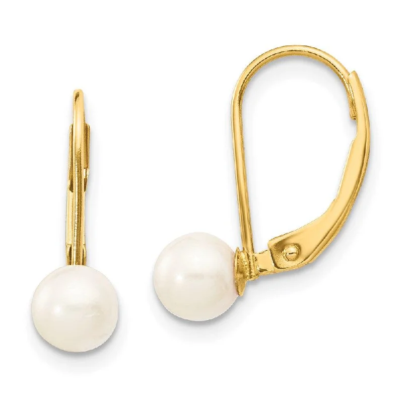 Large Statement Earrings-14k 5-6mm White Round Saltwater Akoya Cultured Pearl Leverback Earrings