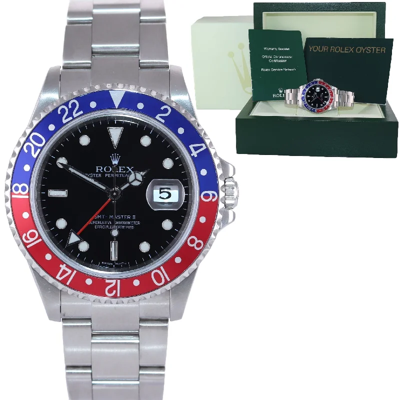 Vintage Women’s Gold Watches-MINT 2004 Rolex GMT-Master 2 Pepsi Blue Red Steel 16710 NO HOLES Black Watch