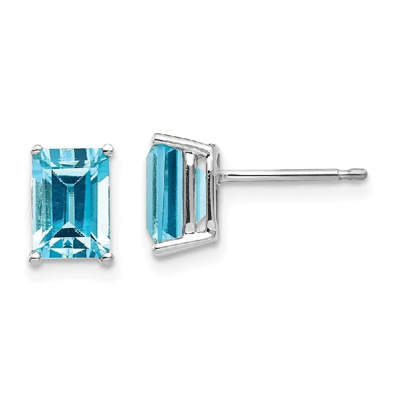 Vintage Sapphire Earrings-14k White Gold 7x5mm Emerald Cut Blue Topaz Earrings