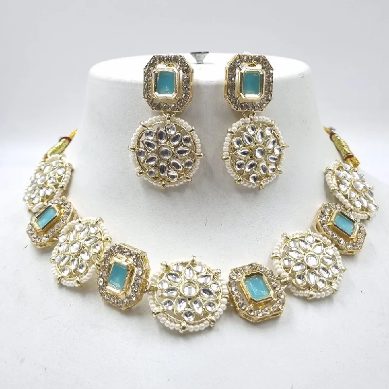 Chunky Gold Bead Necklaces-Naitika Arts Gold Plated Kundan Stone And Pearl Choker Necklace Set