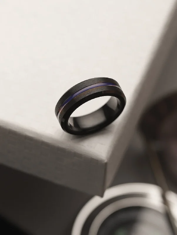 Rose Gold Promise Rings-Men Black Blue Grooved Centre Band Ring