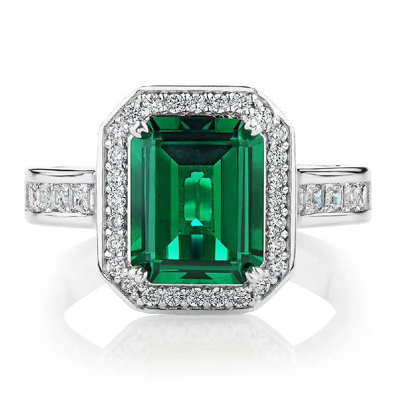 Simple Gold Rings for Women-Dress ring with emerald simulant and 0.78 carats* of diamond simulants in sterling silver