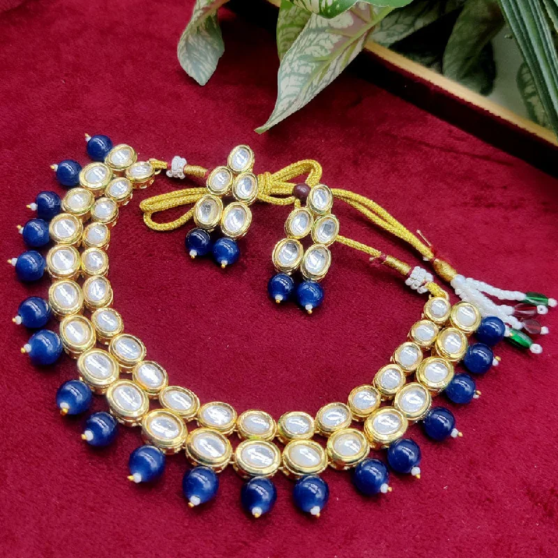 Elegant Sapphire Necklaces-Manisha Jewellery  Gold Plated Kundan Stone And Beads Necklace Set