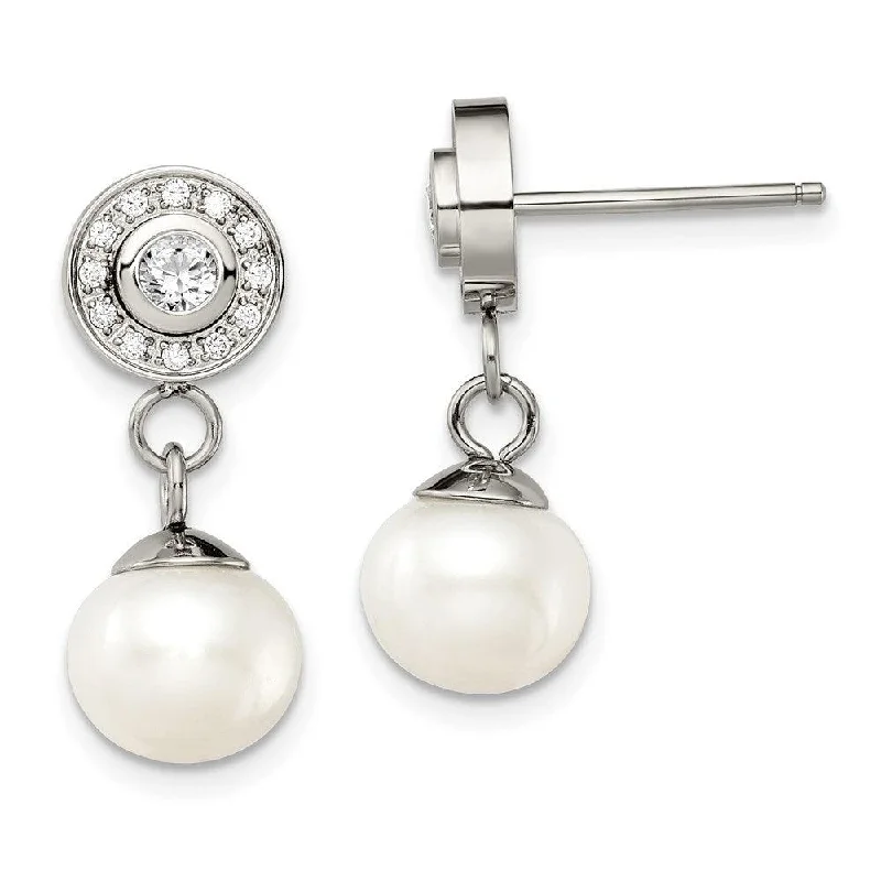 Antique Gold Earrings-Stainless Steel Polished CZ and FWC Pearl Dangle Earrings