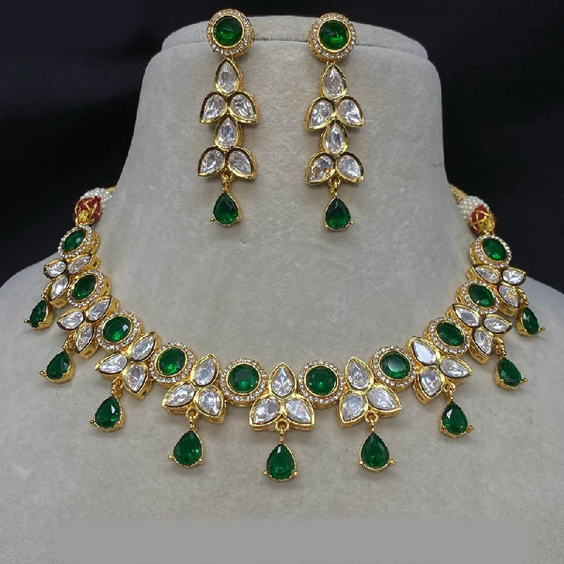 Elegant Wedding Pendant Necklaces-Royal Kundan Jewellery Gold Plated Polki Kundan And Austrian Stone Necklace Set