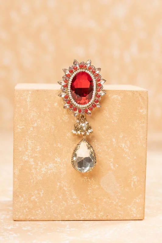 Luxury Brooch with Diamonds-Red Brooch With Pearl Highlight