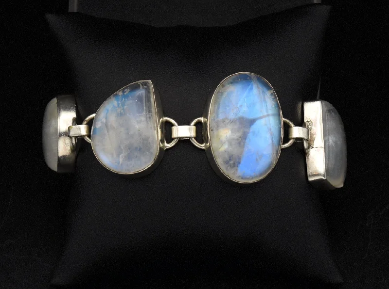 Silver Bangles Bracelets-Handmade Rainbow Moonstone Sterling Silver Bracelet