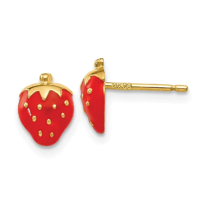 Long Gold Earrings-14k Enameled Strawberry Earrings