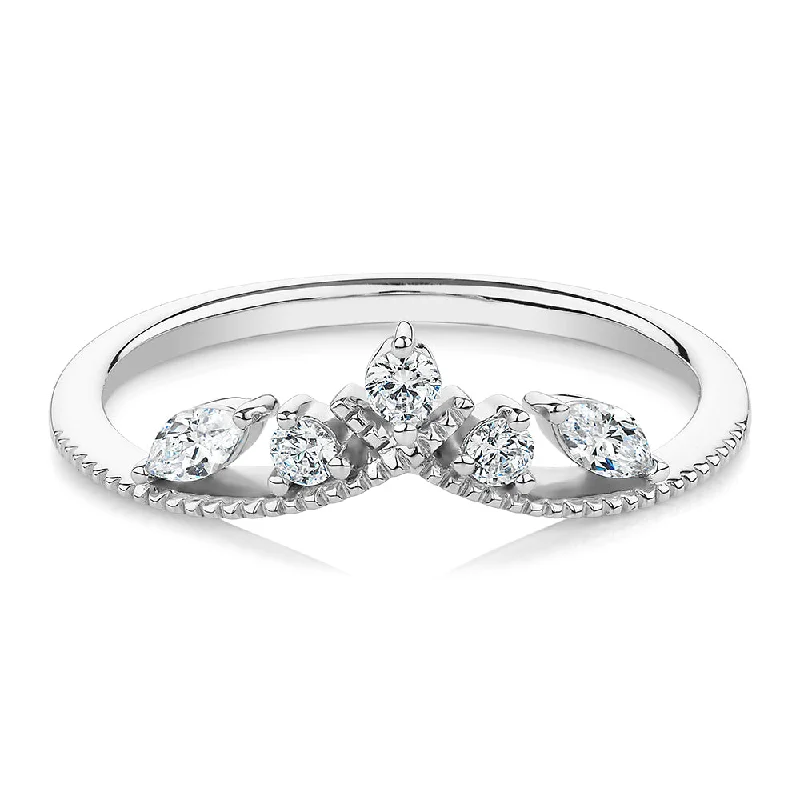 Silver Band Rings-Round Brilliant curved wedding or eternity band with 0.29 carats* of diamond simulants in 10 carat white gold