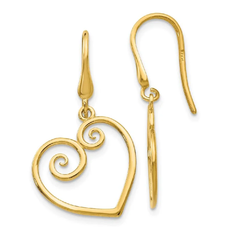 Gold Hoop Earrings for Brides-14K Yellow Gold Heart Dangle Shepherd Hook Earrings