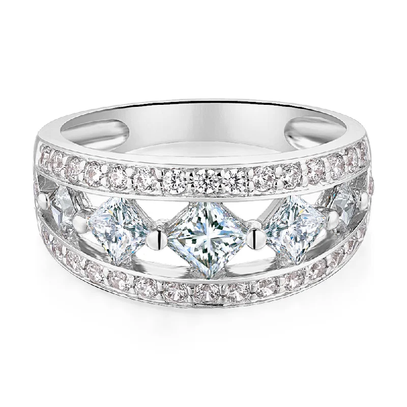 Handcrafted Wedding Rings-Princess Cut and Round Brilliant Dress ring with 1.71 carats* of diamond simulants in 10 carat white gold