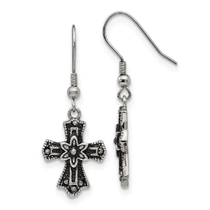 Colorful Drop Earrings-Stainless Steel Antiqued Blk Crystal Cross Shepherds Hook Earrings