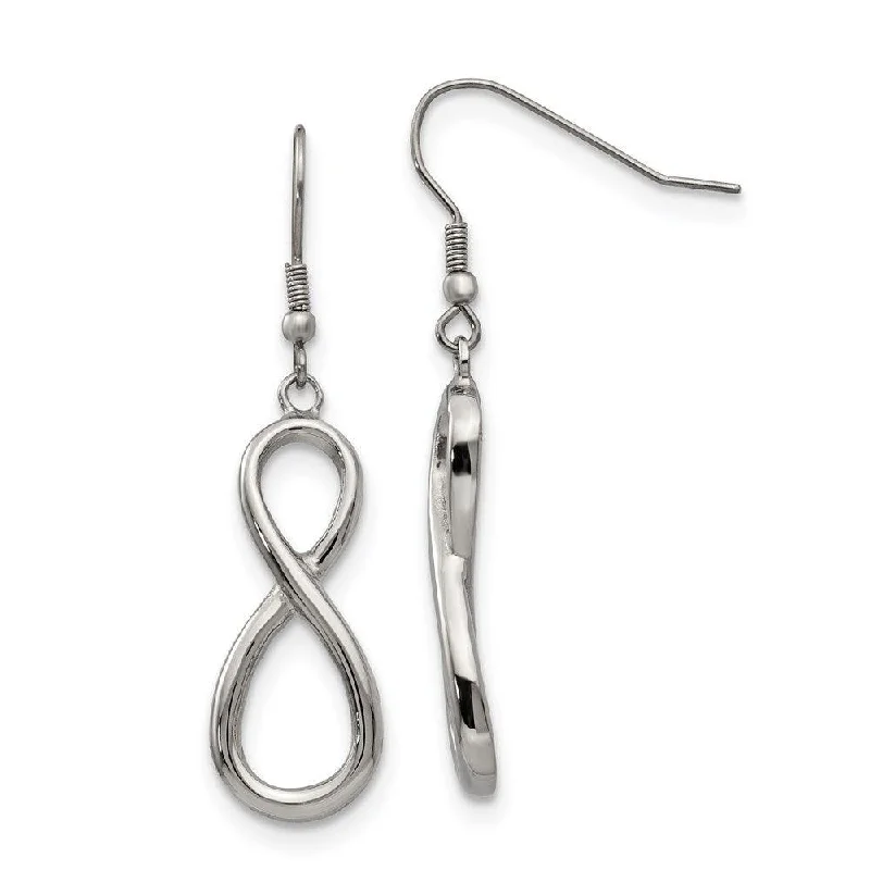 Silver Hoops Earrings-Stainless Steel Polished Infinity Symbol Shepherd Hook Earrings