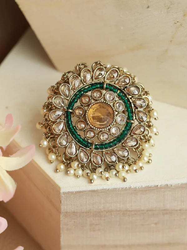 Designer Fashion Rings-Gold-Plated Green & White Kundan-Studded & Beaded Adjustable Finger Ring