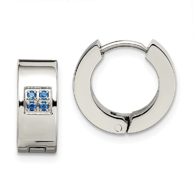 Unique Dangle Earrings-Stainless Steel Blue CZ Brushed & Polished Hinged Hoop Earrings