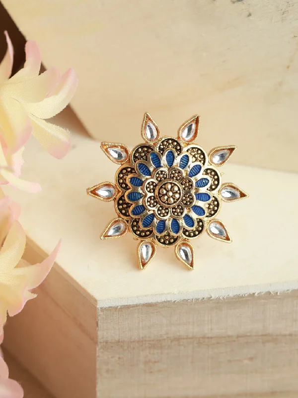 Gold Band Engagement Rings-Gold-Plated Blue Enamelled White Stone Studded Handcrafted Adjustable Finger Ring