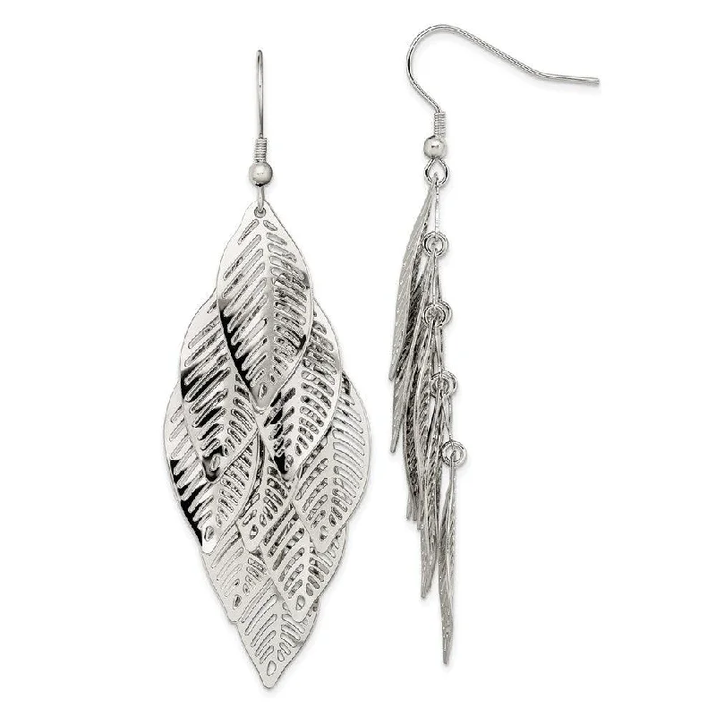 Chic Silver Hoops-Stainless Steel Polished Leaves Dangle Shepherd Hook Earrings