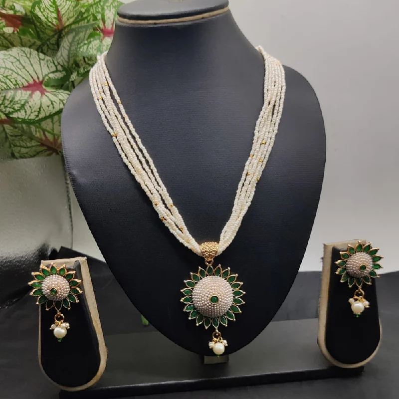 Engraved Bar Necklaces-Kavita Art Gold Plated Pota and Pearls Long Necklace Set