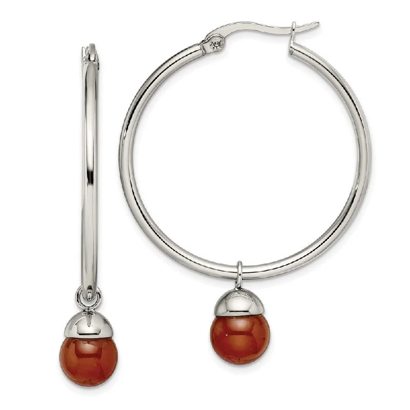 Swarovski Crystal Earrings-Stainless Steel Polished Hoop w/Red Agate Bead Earrings