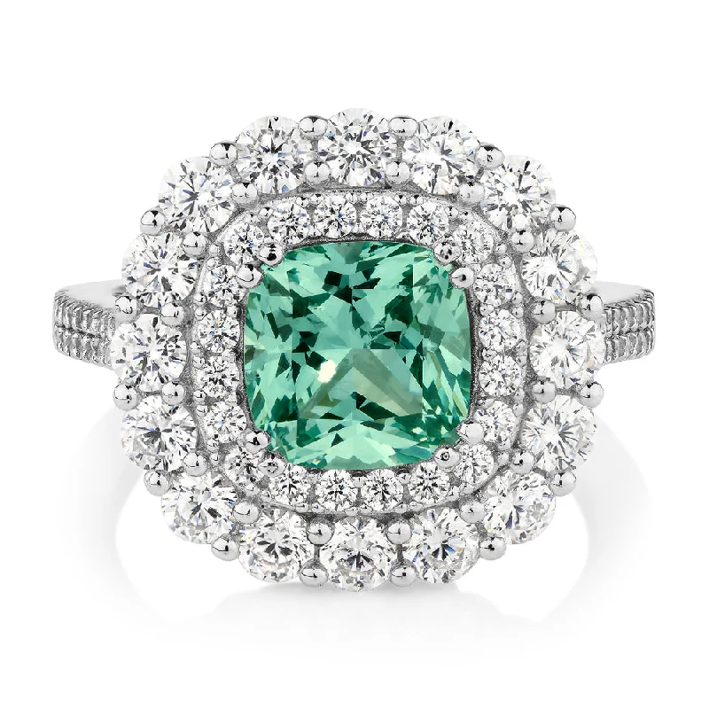 Platinum Wedding Rings for Women-Dress ring with ocean green simulant and 1.76 carats* of diamond simulants in sterling silver