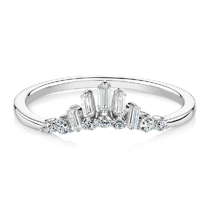 Custom Wedding Rings with Names-Baguette curved wedding or eternity band with 0.35 carats* of diamond simulants in 10 carat white gold