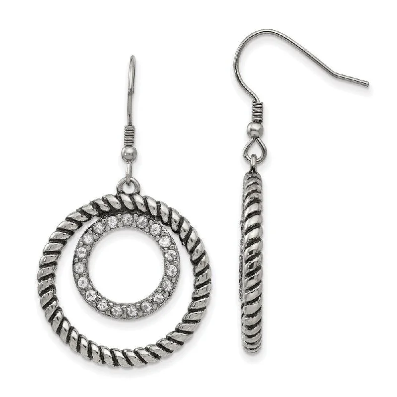 Elegant Silver Hoops-Stainless Steel Polished and Antiqued CZ Circle Dangle Earrings