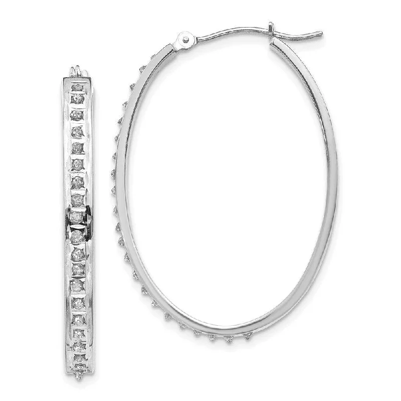 Sterling Silver Earrings-14k White Gold Diamond Fascination Oval Hinged Hoop Earrings