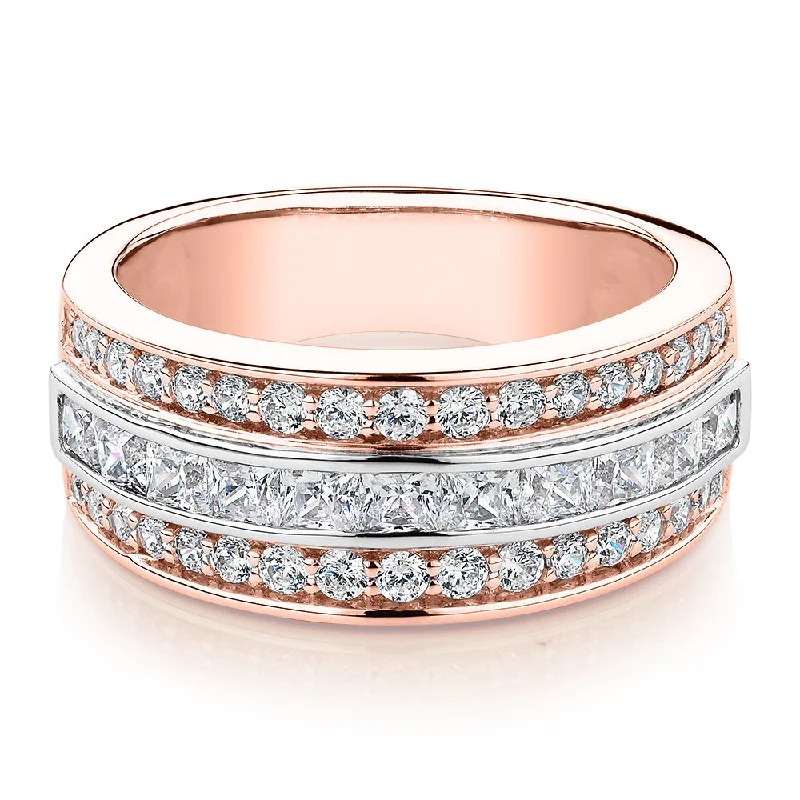 Luxury Gold Wedding Bands-Princess Cut and Round Brilliant Dress ring with 1.62 carats* of diamond simulants in 10 carat rose and white gold