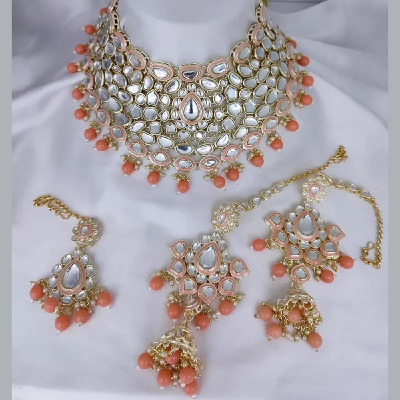 Simple Bead Necklaces-Gehana Mahal Gold Plated Kundan Stone Necklace Set