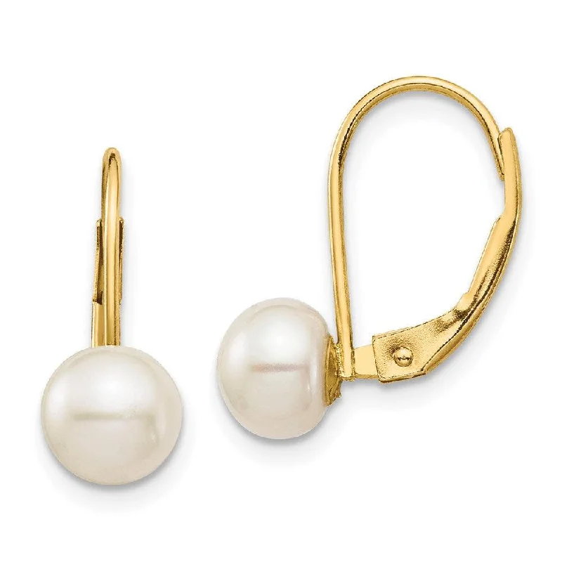 Pearl Drop Earrings-14K 6-7mm White Button Freshwater Cultured Pearl Leverback Earrings