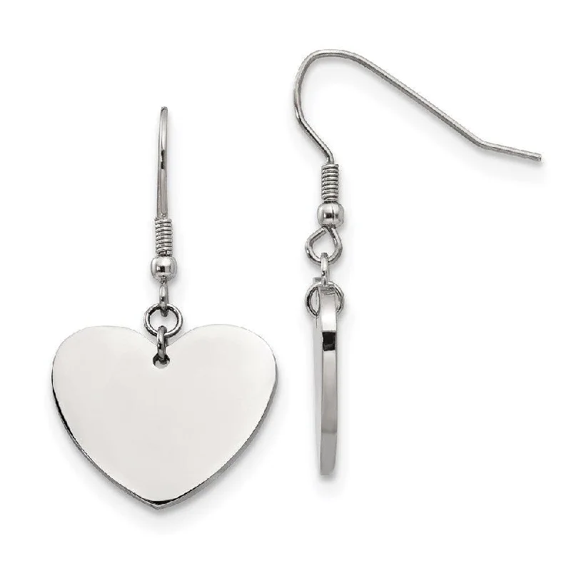 Funky Silver Earrings-Stainless Steel Polished Heart Dangle Earrings