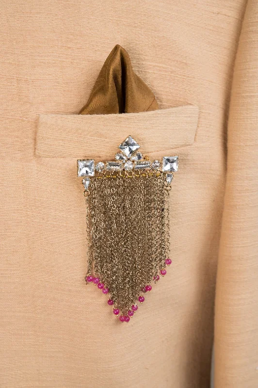 Elegant Vintage Brooch-Magenta Crystal Metal Chain Brooch