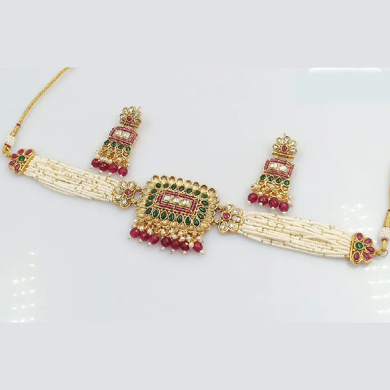 Handcrafted Gold Necklaces-Rani Sati Jewels Gold Plated Kundan And Pearl Choker Necklace Set